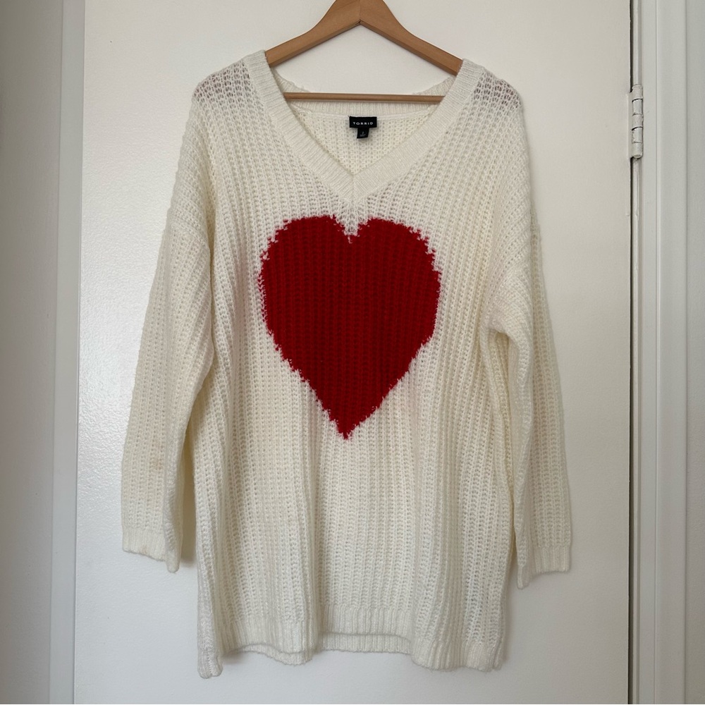 Torrid White V-Neck Sweater with Red Heart